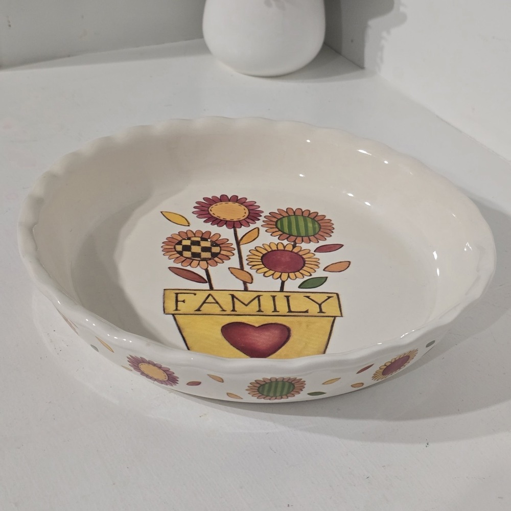Nantucket Pottery Deep Dish Pie Plate 10" Family Sunflower Heart Cottagecore